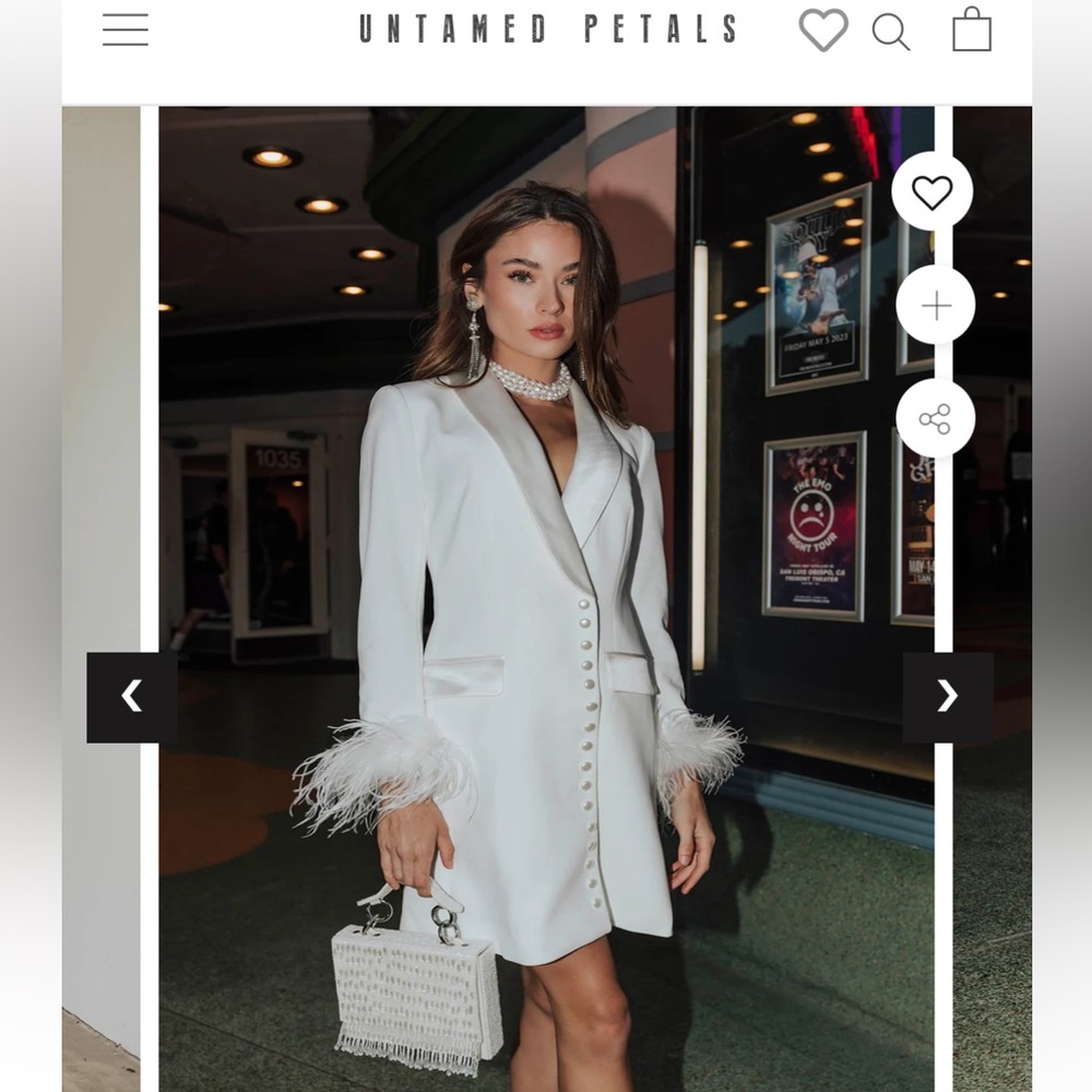 Untamed Petals White Blazer Dress with Feather Sleeves